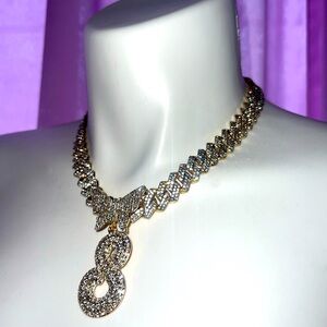 18 inch Unisex Cuban Chain Crystal w/ Butterfly “S” Initial Necklace Gold Color